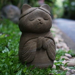 Cat Meditate 7.8" inch / 20 cm , Cat Jizo, Kasa Jizo, Japanese, Stone Statue, Handmade, Hand Carved, Home Decor, Garden Decor, Birthday Gift