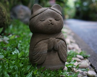 Cat Meditate 7.8" inch / 20 cm , Cat Jizo, Kasa Jizo, Japanese, Stone Statue, Handmade, Hand Carved, Home Decor, Garden Decor, Birthday Gift