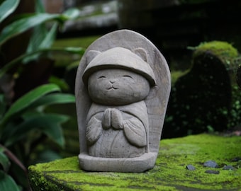 Cat Meditate 7.8" inch / 20 Cm, Jizo Sculpture, Handmade, Hand Carved, Housewarming, Ornament, Garden Decor, Outdoor, Gifts