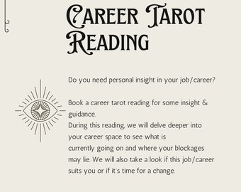 May include: A black and white illustration of an eye with a star inside. The text reads "CAREER TAROT READING" and "Do you need personal insight in your job/career? Book a career tarot reading for some insight & guidance. During this reading, we will delve deeper into your career space to see what is currently going on and where your blockages may lie. We will also take a look if this job/career suits you or if it's time for a change. @soul_seekn_adventures"