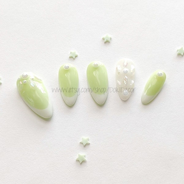 Matcha Cream - Press on False Fake Gel Nails | Reusable Cute Green Frenchie Nails