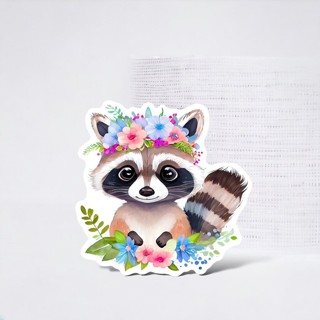 Mini Raccoon Sticker, Cute Flower Raccoon Sticker, Cute Animal Sticker ...