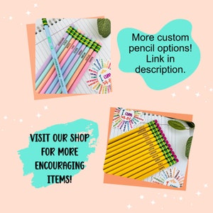 Puede incluir: Una variedad de l&aacute;pices personalizados en colores pastel y amarillo, cada uno con un nombre impreso. La imagen tambi&eacute;n incluye pegatinas con afirmaciones positivas y el texto "More custom pencil options! Link in description." y "VISIT OUR SHOP FOR MORE ENCOURAGING ITEMS!"