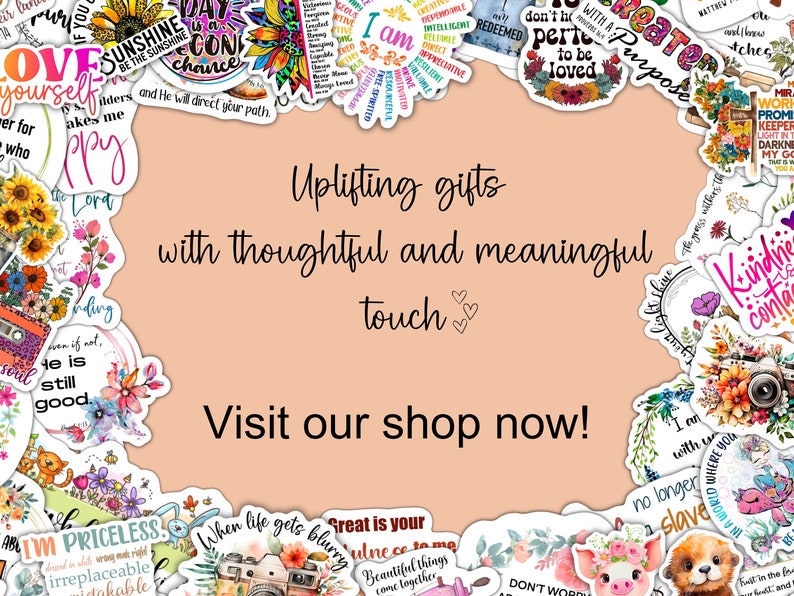 Puede incluir: Una imagen con una colecci&oacute;n de pegatinas coloridas con citas inspiradoras y dise&ntilde;os florales. El texto dice: "Regalos edificantes con un toque reflexivo y significativo. &iexcl;Visita nuestra tienda ahora!"