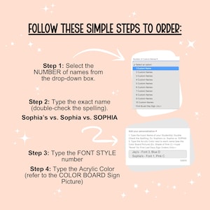 Puede incluir: Un fondo rosa con texto blanco que explica c&oacute;mo pedir etiquetas de nombre personalizadas. El texto incluye los pasos para realizar el pedido, como seleccionar el n&uacute;mero de nombres, escribir el nombre exacto, elegir el estilo de fuente y seleccionar el color acr&iacute;lico. Se incluye una captura de pantalla del formulario de pedido, que muestra las opciones para el n&uacute;mero de nombres y las opciones de personalizaci&oacute;n.