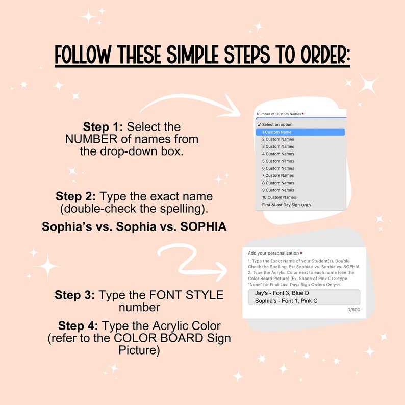 Puede incluir: Un fondo rosa con texto blanco que explica c&oacute;mo pedir etiquetas de nombre personalizadas. El texto incluye los pasos para realizar el pedido, como seleccionar el n&uacute;mero de nombres, escribir el nombre exacto, elegir el estilo de fuente y seleccionar el color acr&iacute;lico. Se incluye una captura de pantalla del formulario de pedido, que muestra las opciones para el n&uacute;mero de nombres y las opciones de personalizaci&oacute;n.