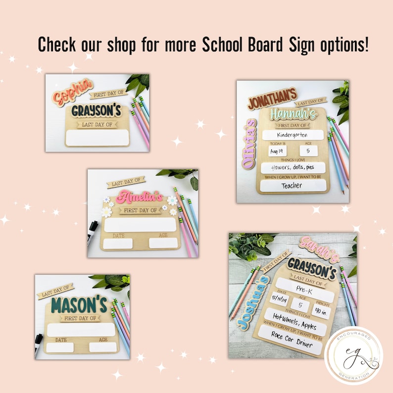Puede incluir: Conjunto de cinco letreros escolares de madera personalizados con letras de colores. Cada letrero presenta el nombre de un ni&ntilde;o, su grado y espacio para escribir el primer y &uacute;ltimo d&iacute;a de escuela, la edad y las cosas favoritas. Los letreros est&aacute;n decorados con flores, estrellas y otros elementos decorativos.