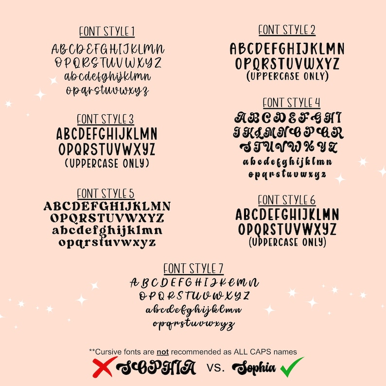 Puede incluir: Un gr&aacute;fico con siete estilos de fuente diferentes, que muestra el alfabeto en letras may&uacute;sculas y min&uacute;sculas. El gr&aacute;fico est&aacute; sobre un fondo rosa con estrellas blancas. El texto en la parte inferior del gr&aacute;fico dice "Las fuentes cursivas no se recomiendan para nombres en MAY&Uacute;SCULAS" con una X roja sobre la palabra "SOPHIA" y una marca de verificaci&oacute;n verde sobre la palabra "Sophia".