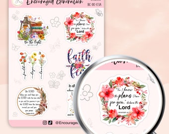 May include: A set of 8 Christian-themed stickers featuring floral wreaths, butterflies, and inspirational quotes. The stickers include quotes like "Be the light", "Faith, hope, love", "The Lord bless you and keep you", "For I know the plans I have for you", and "Faith for the future".