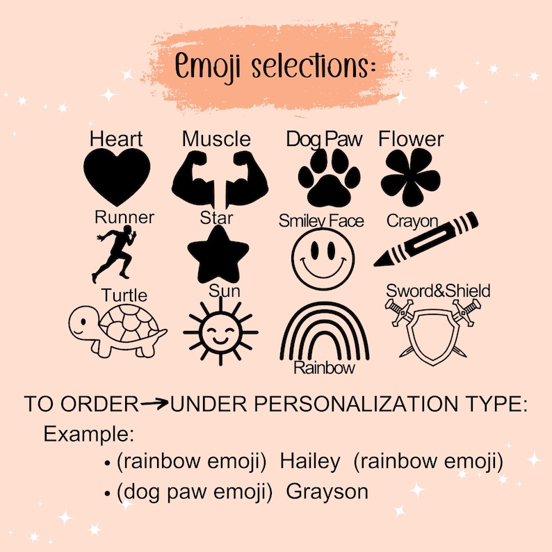 Puede incluir: Una selecci&oacute;n de ilustraciones de emojis negros, incluyendo un coraz&oacute;n, m&uacute;sculo, pata de perro, flor, corredor, estrella, cara sonriente, cray&oacute;n, tortuga, sol, arco&iacute;ris y espada y escudo. Texto "Emoji selections:" y ejemplos.
