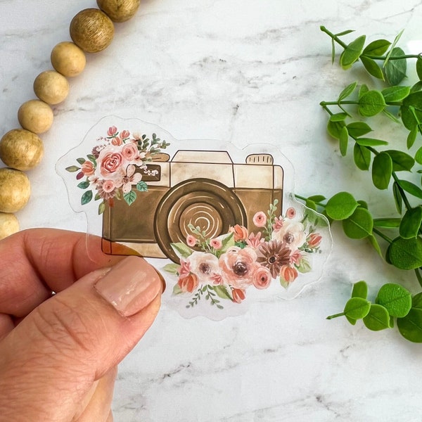 Floral Camera, Photography Sticker, Flower Camera CLEAR Vinyl Sticker, Vintage Camera, Water Bottle Sticker, Laptop Decal, Aesthetic Sticker