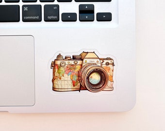 Photography CLEAR Sticker, World Map Camera, Photographer Gift, Art Lover, Vinyl Sticker, Vintage Camera, Water Bottle Sticker, Desk Decal