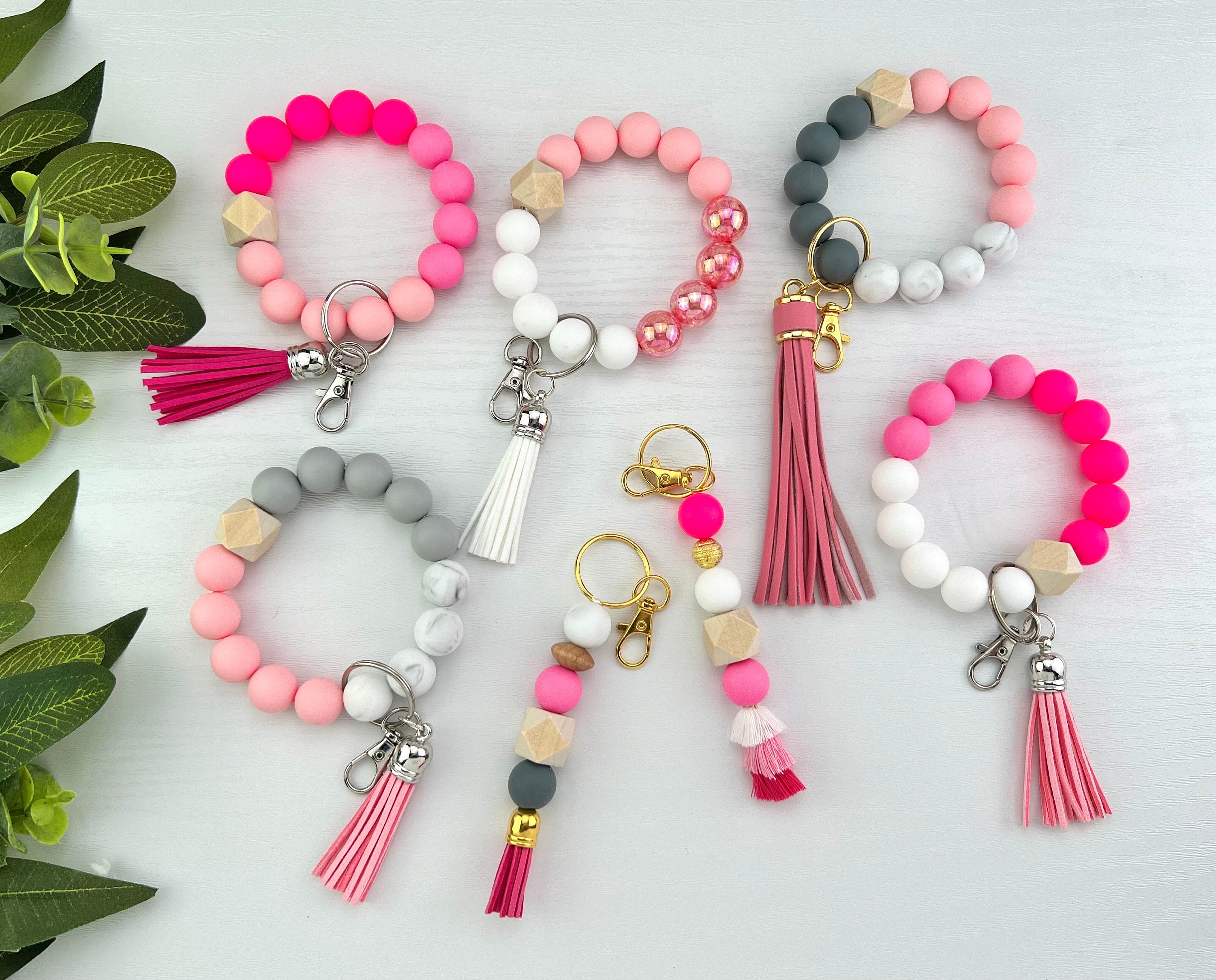 Silicone Bead Wristlet Keychain, Mermaid & Ballet Themed Charm Bracelet, Pink Bangle Friendship Bracelet, Stylish Key Fob Ring, Gift for Mom