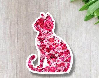 Cute Cat Lover Flower Sticker, Cute Kitty Vinyl Waterproof Decal, Cat Mom, Cat Dad Gift, Adorable Cat Sticker for Water Bottle, Laptop