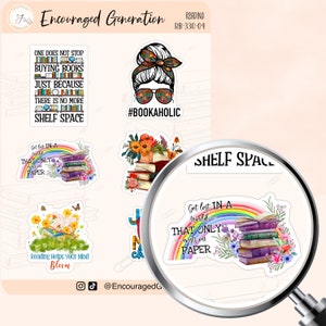 May include: A set of five colorful stickers featuring book-themed designs. The stickers include a woman with a book-themed headband and sunglasses, a stack of books with flowers, a rainbow with the text "Get lost in a world that only exists on paper", and a book with butterflies and the text "Reading helps your mind bloom".