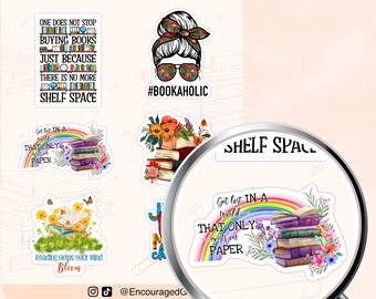 Hoja de pegatinas Bookaholic, pegatina de libro floral arcoíris, pegatina de amante de libros, pegatina de libros apilados de estantería, pegatina estética, RB-330-04