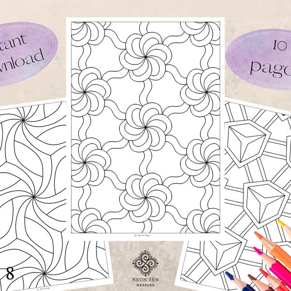 PRINTABLE Geometric Zen Colouring Pages, PDF Adult Colouring Book, Relax Colouring Sheets, Abstract Pattern Colouring, Beginner Colouring