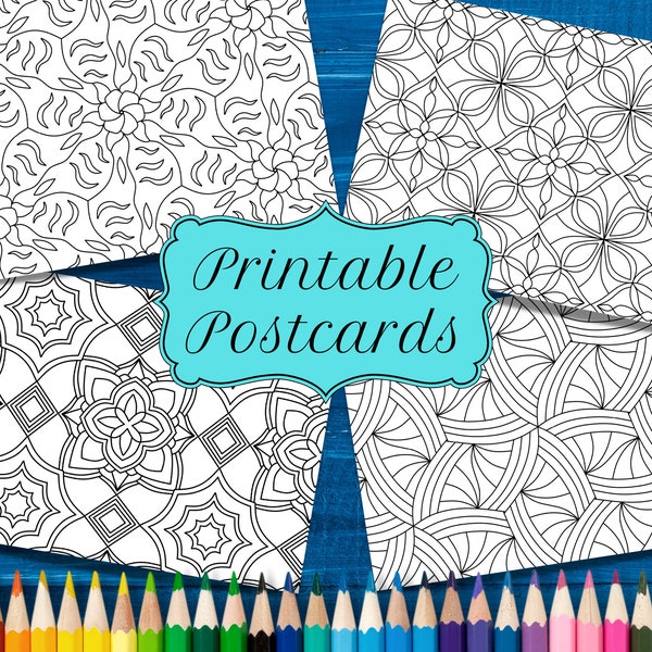 4 PRINTABLE Colouring Postcards, Mini Colouring Book, Geometric Colouring Pages, Adult Colouring, Blank Postcards, DIY Postcards