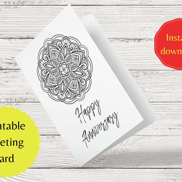 PRINTABLE happy anniversary greeting card - colour yourself! black and white, instant download, A4 A5 PDF