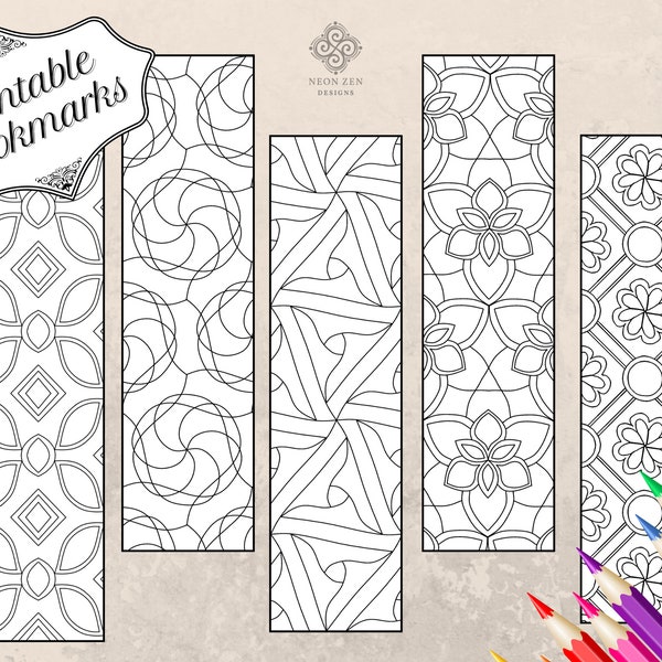 PRINTABLE 5 Colouring Bookmarks, Mini Colouring Book, Geometric Colouring Pages, For Book Lovers, Zendoodle Colouring, Zentangle inspired