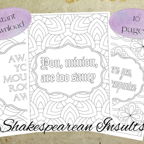 PRINTABLE Shakespearean Insults Colouring Pages, Shakespeare Gift, Shakespeare Quotes, Funny Colouring, Shakespeare Printable Colouring Book