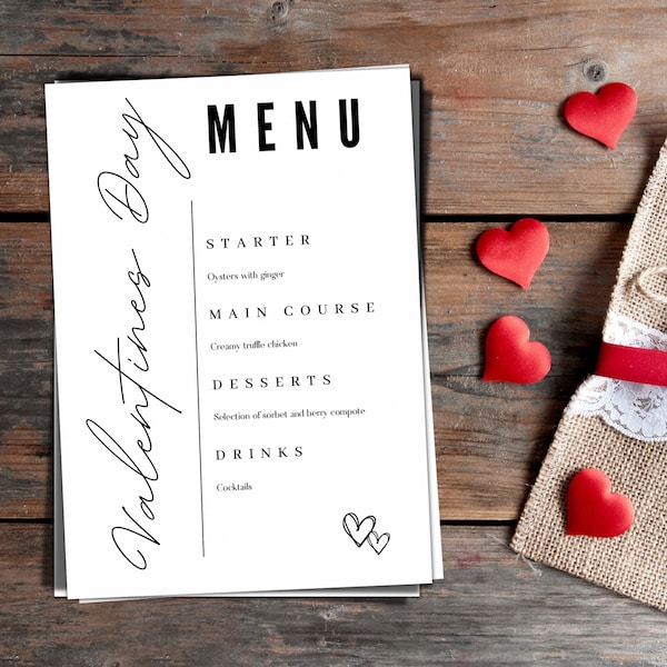 Minimalist Valentines Day Dinner menu, editable printable template, cocktail bar drinks sign, restaurant menu, instant download