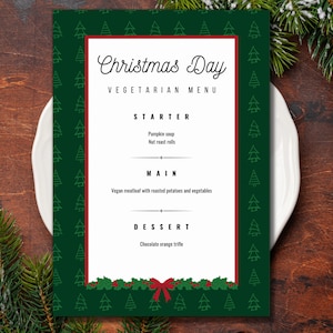 Modèle de menu végétarien du jour de Noël, conception de dîner de Noël vert, Canva modifiable, téléchargement numérique instantané