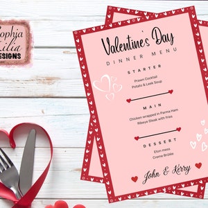 Menú de cena de San Valentín personalizado, plantilla editable e imprimible, letrero de bebidas para bar de cócteles, menú de restaurante, descarga instantánea