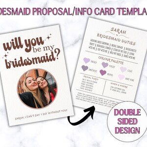 Editable Photo Bridesmaid proposal card template, Bridesmaid info card, Bridesmaid duties, Modern Maid Of Honor Proposal, minimalist design