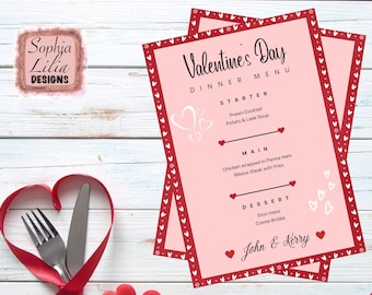Custom Valentines Day Dinner menu, editable printable template, cocktail bar drinks sign, restaurant menu, instant download