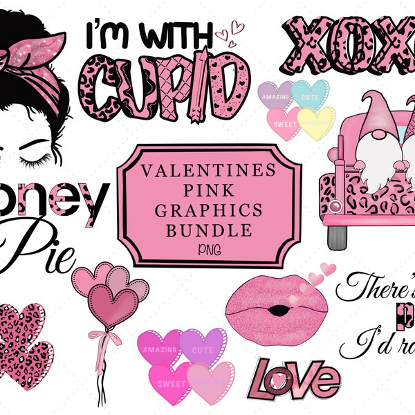 Pink Valentines graphics bundle, messy bun mama clipart, png designs, pink Gnomes, valentines sublimation, instant download