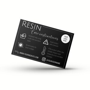 Hars zorginstructies kaart, minimalistische zwarte sjabloon, bewerkbare hars zakelijke briefpapier, diy Canva, direct downloaden