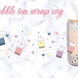 Bubble tea Libbey can glass Svg, 16oz presized wrap layered svg, happy pastel boba bubbles design, instant download