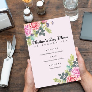 Muttertag Nachmittagstee-Menü, bearbeitbare Vorlage, anpassbares Menü, glückliche Muttertags-Mittagessen-Idee, sofortiger Download