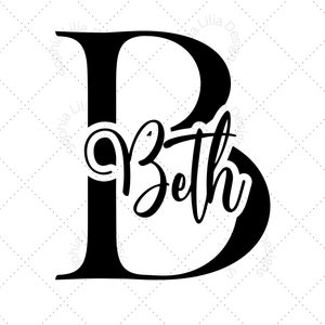 Puede incluir: Diseño gráfico en blanco y negro de la letra B con el nombre Beth escrito en una fuente cursiva dentro de la letra.