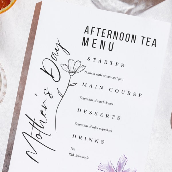 Mothers Day Afternoon tea menu, editable template, customisable menu, happy Mother’s Day lunch meal idea, instant download