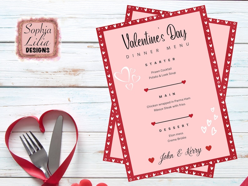 Custom Valentines Day Dinner menu, editable printable template, cocktail bar drinks sign, restaurant menu, instant download image 1