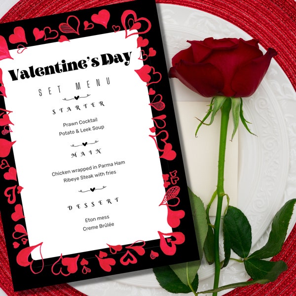 Menu per la cena di San Valentino, modello modificabile, insegna delle bevande del cocktail bar, menu del ristorante, download istantaneo