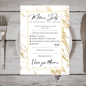 Muttertags-Nachmittagstee-Menü, bearbeitbare und druckbare Vorlage, fröhliche Idee für ein Mittagessen zum Muttertag, sofortiger Download