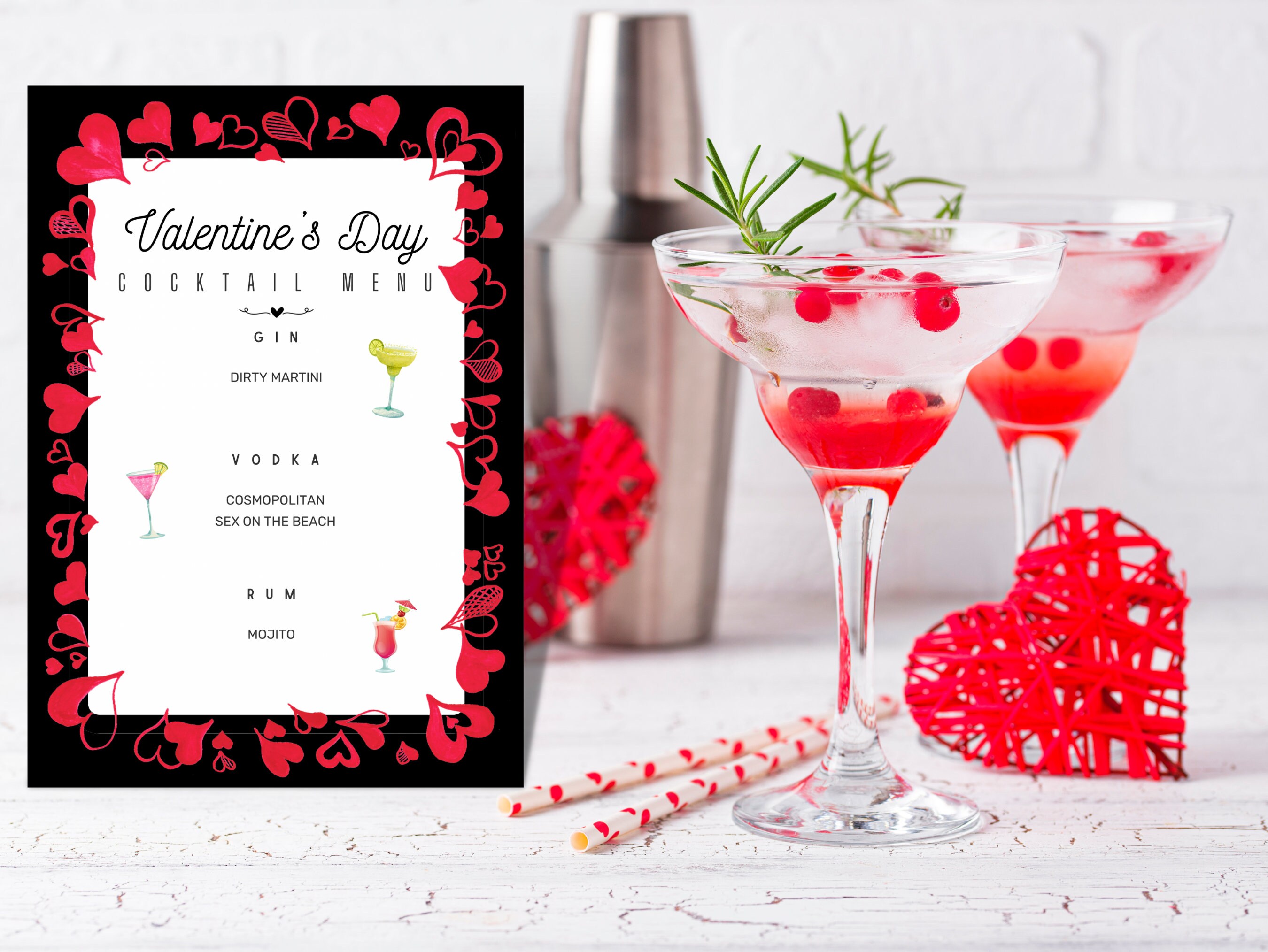 Valentines Day Dinner Menu, Editable Template, Cocktail Bar Drinks Sign ...