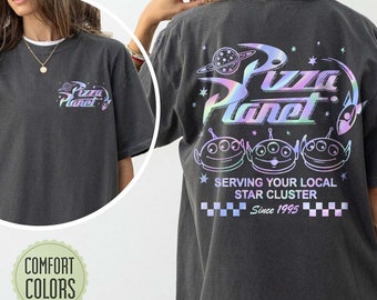 Vintage Pizza Planet camisa de dos caras, camisa alienígena de Toy Story, camisa alienígena de Pizza Planet, amigos de Toy Story