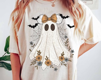 Camiseta de Halloween con fantasma de encaje floral de Minnie de Disney, camiseta retro de Minnie para Halloween, camiseta de fiesta de Halloween, Boo In Boojee, camiseta espeluznante de Disney