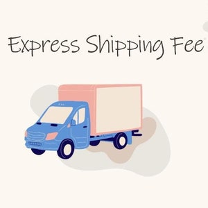 May include: Illustration of a blue delivery truck with a pink cargo area. The text "Express Shipping Fee" is written in black cursive above the truck. The background is a light beige with abstract shapes.