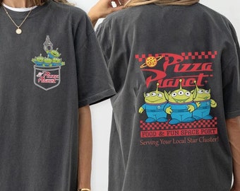 Camiseta de Pizza Planet de Toy Story con dos caras, extraterrestres de Toy Story, camiseta de Pizza Planet, camisetas familiares de Toy Story, Toy Story Land, cumpleaños de Toy Story