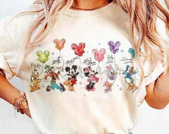 Retro shirt Mickey and Friends Signatures, shirt Disney ballon, T-shirt Disney-personages, shirt Disney-gezinsvakantie, T-shirt Disney Trip