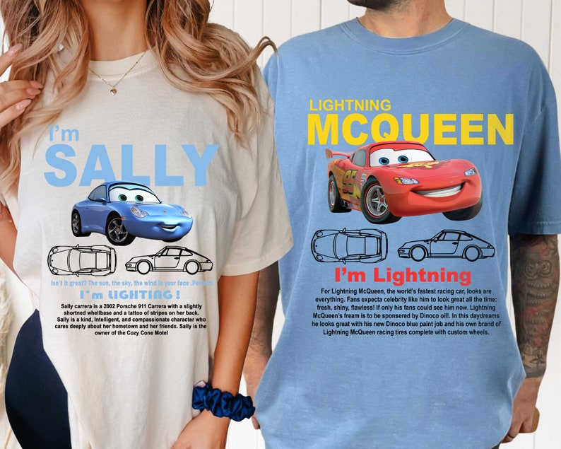 May include: Two t-shirts featuring characters from the Disney Pixar movie Cars. The first t-shirt is white with a blue car and the text "I'm Sally". The second t-shirt is blue with a red car and the text "Lightning McQueen".