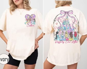 Camiseta personalizada con el castillo de la princesa Disney, camiseta Happily Ever After, camiseta con lazo de coqueta del castillo de Disney, camiseta de Cenicienta, Aurora, Bella y Ariel