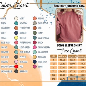 May include: A size chart for a long-sleeve shirt with a variety of colors. The chart shows the width, length, and sleeve length in inches for sizes S through 3XL. The shirt is shown in a dusty rose color.