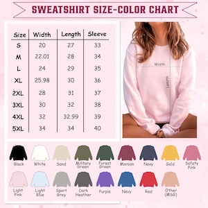 Puede incluir: Una sudadera rosa con una tabla de tallas y colores. La tabla enumera las tallas S a 5XL, con medidas de ancho de 50.8 a 86.36 cm, largo de 68.58 a 86.36 cm y largo de manga de 83.82 a 101.6 cm. Las opciones de color incluyen negro, blanco y marino.