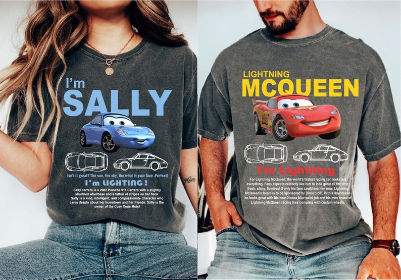 May include: Two gray t-shirts with a vintage look featuring cartoon car characters. The first shirt has a blue car with the text "I'm Sally" and the second shirt has a red car with the text "Lightning McQueen".